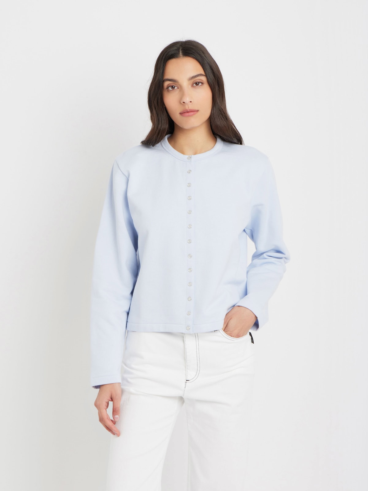 blue cotton fleece snap cardigan