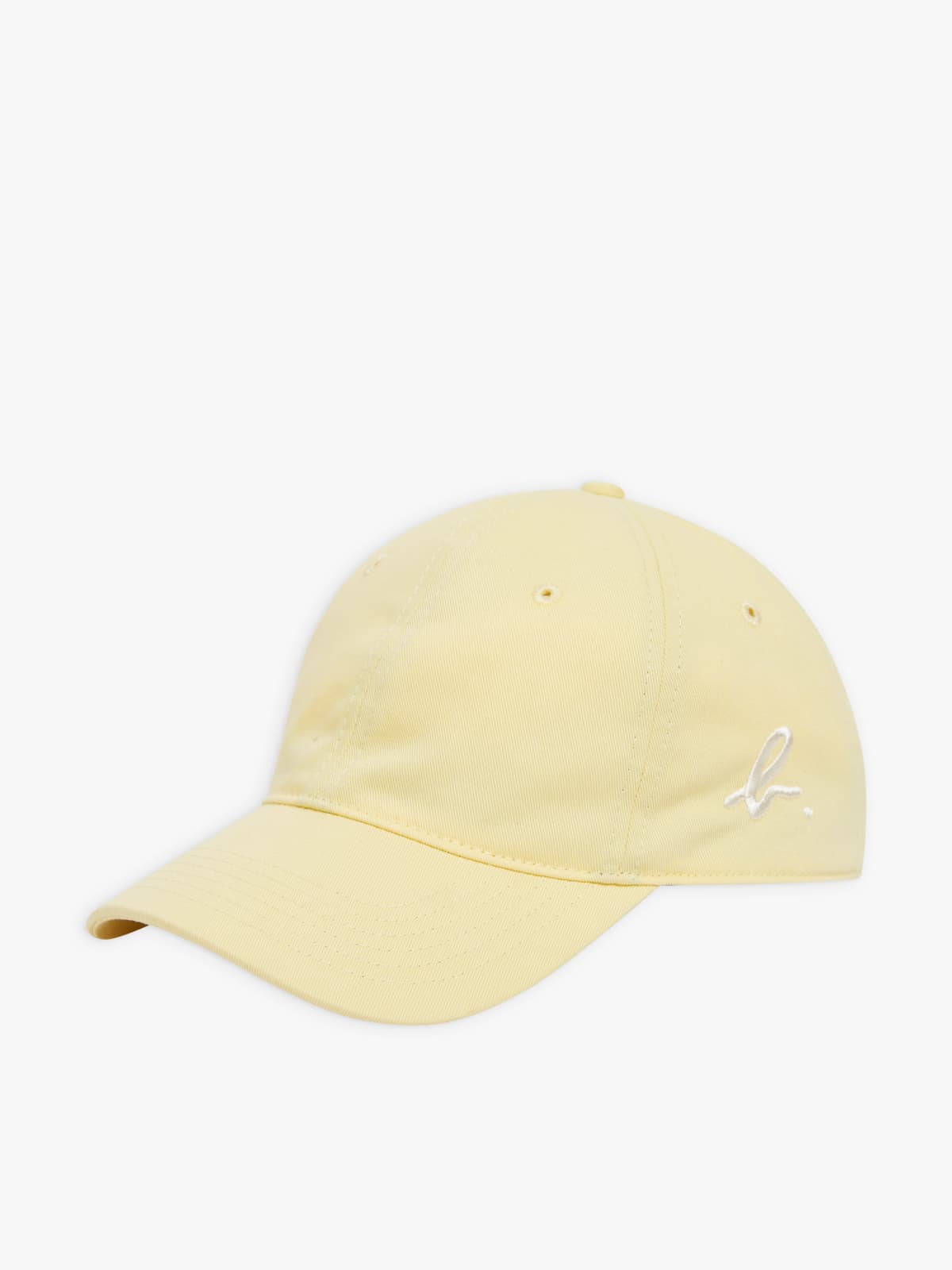 yellow cap with "b." embroidery