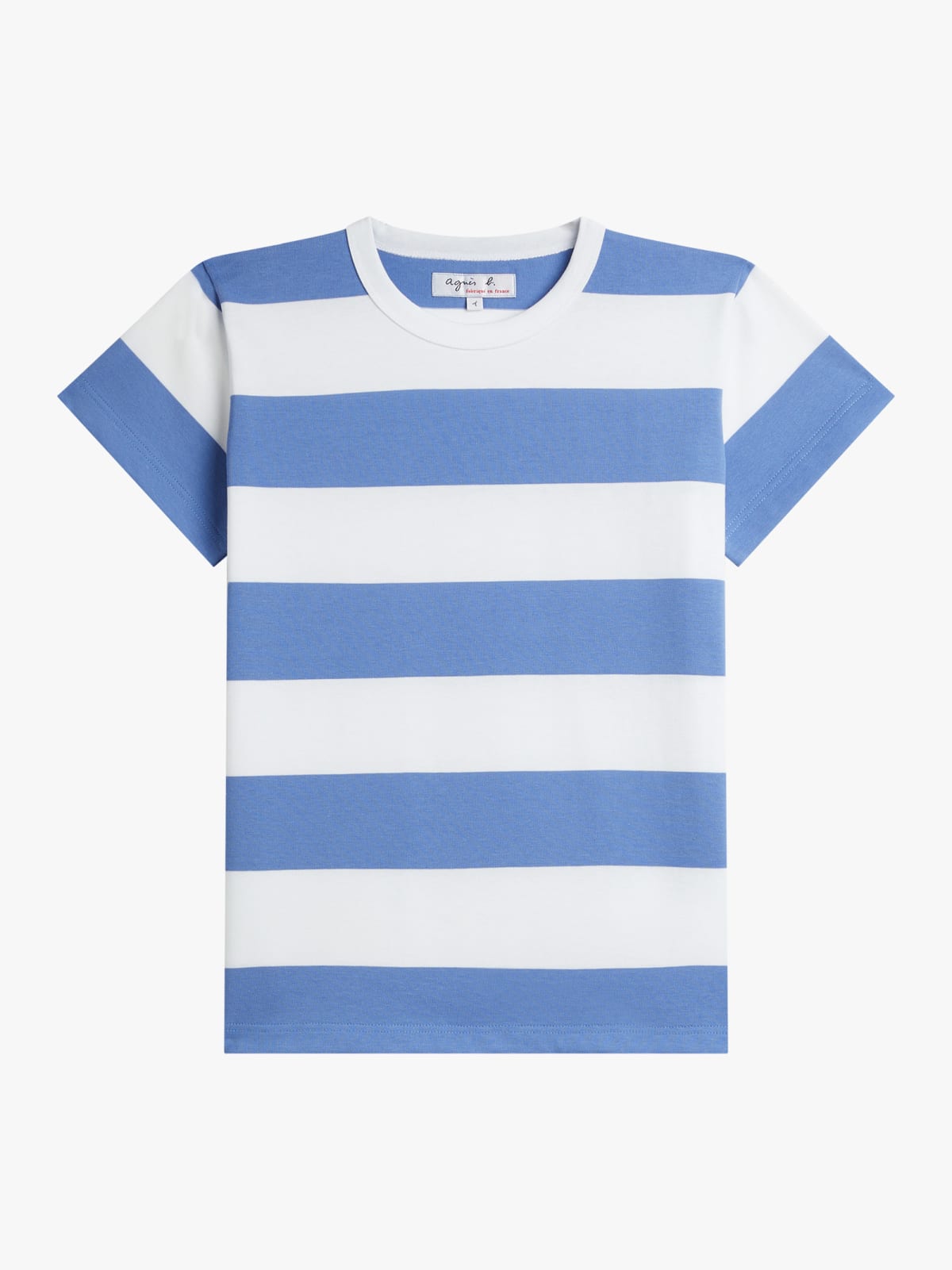 white and blue brando t-shirt with wide stripes