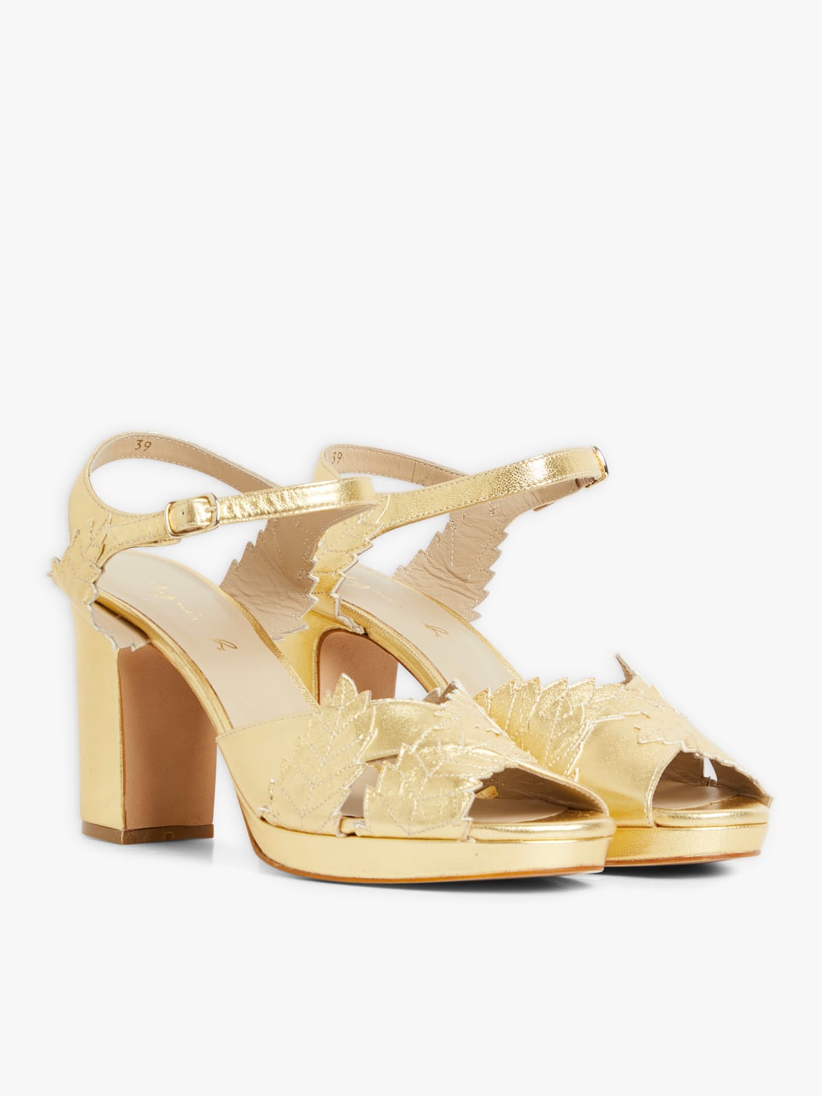 Gold leaf high-heeled leather sandals
