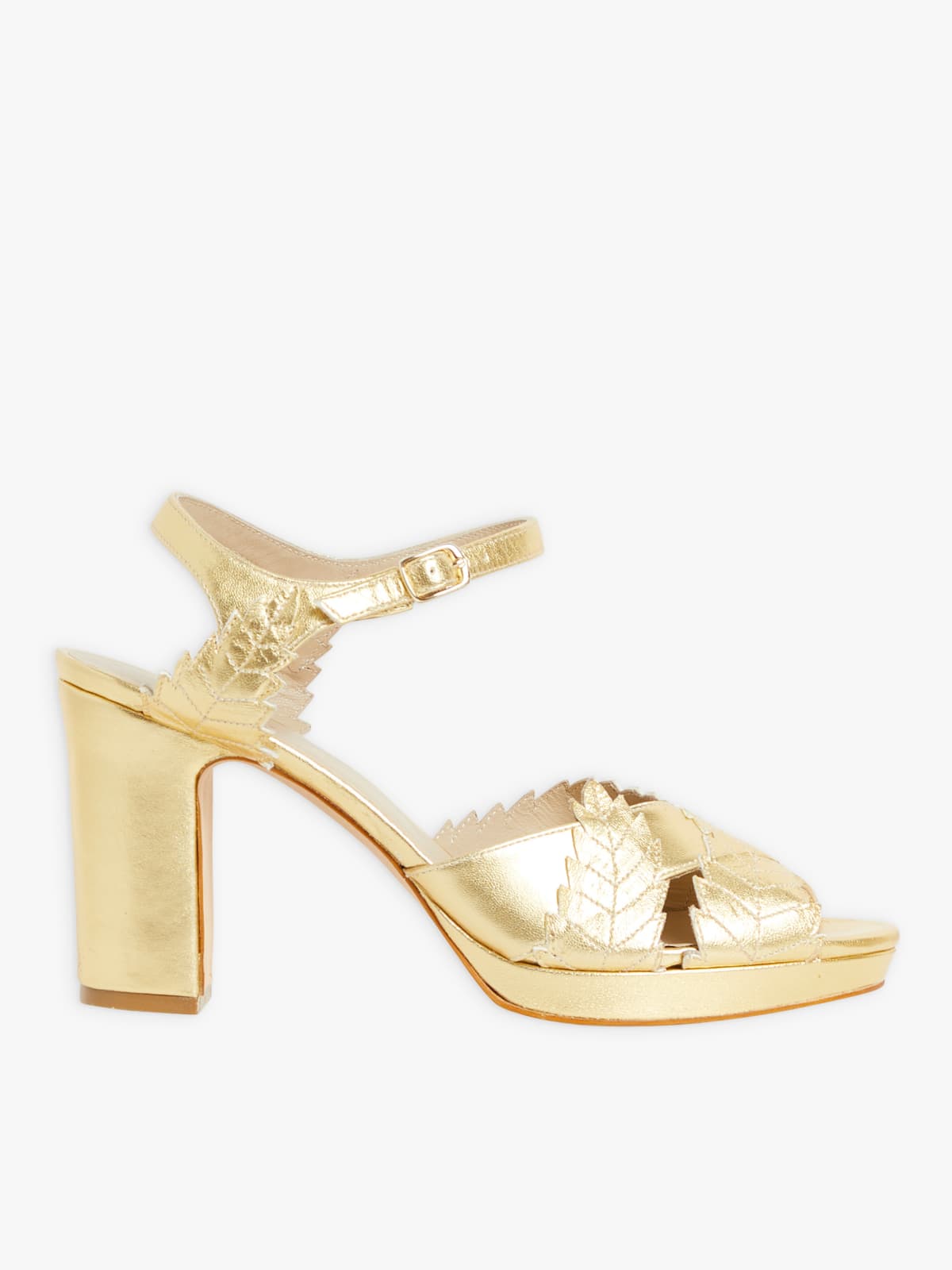 Gold leaf high-heeled leather sandals