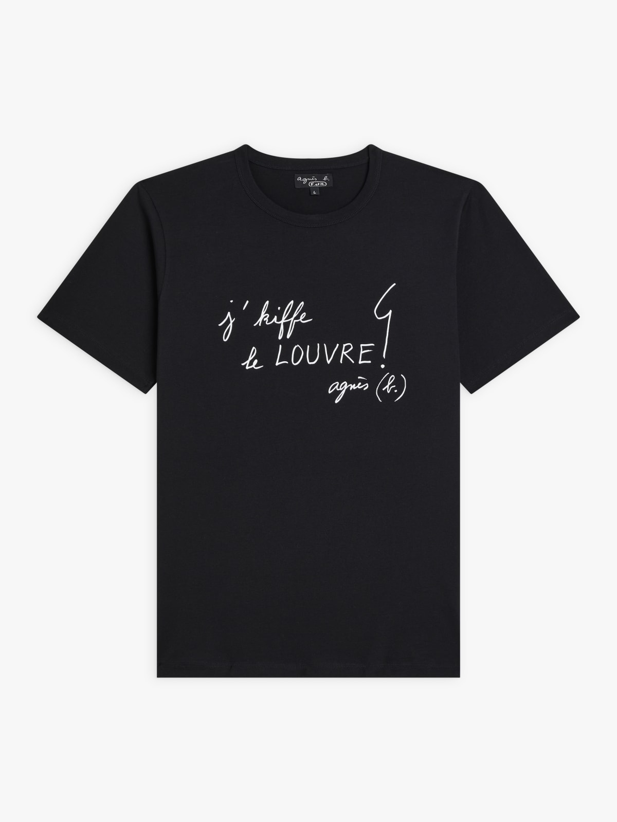 black cotton t-shirt with “j'kiffe le Louvre” screen print
