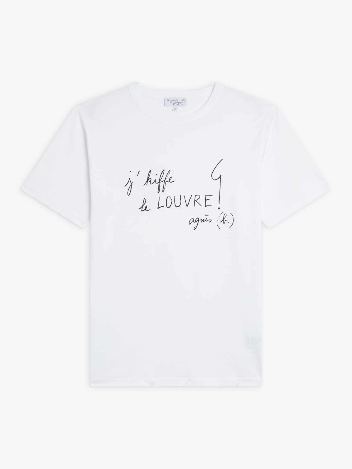 white cotton t-shirt with “j'kiffe le Louvre” screen print
