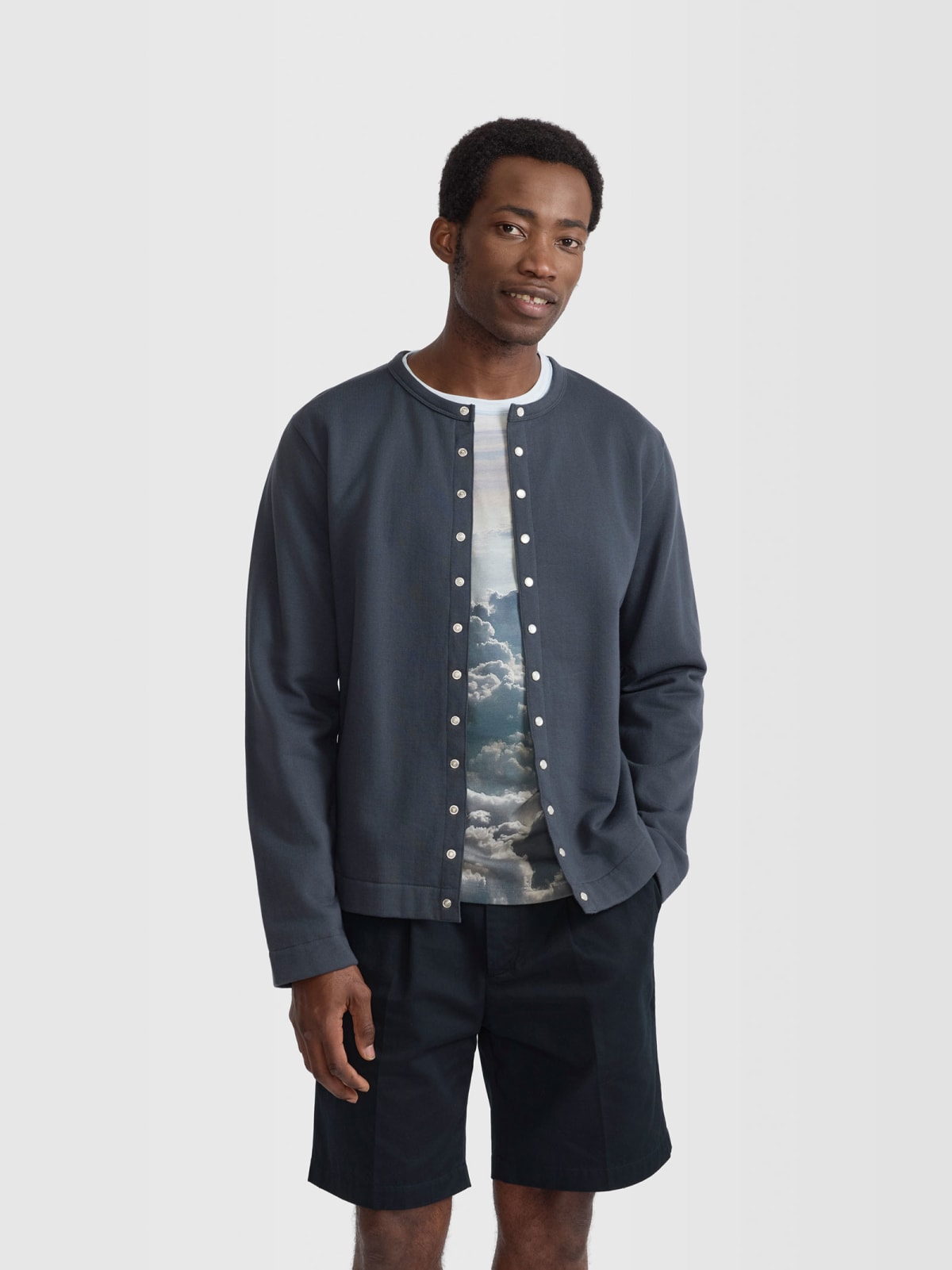 dark grey cotton fleece snap cardigan