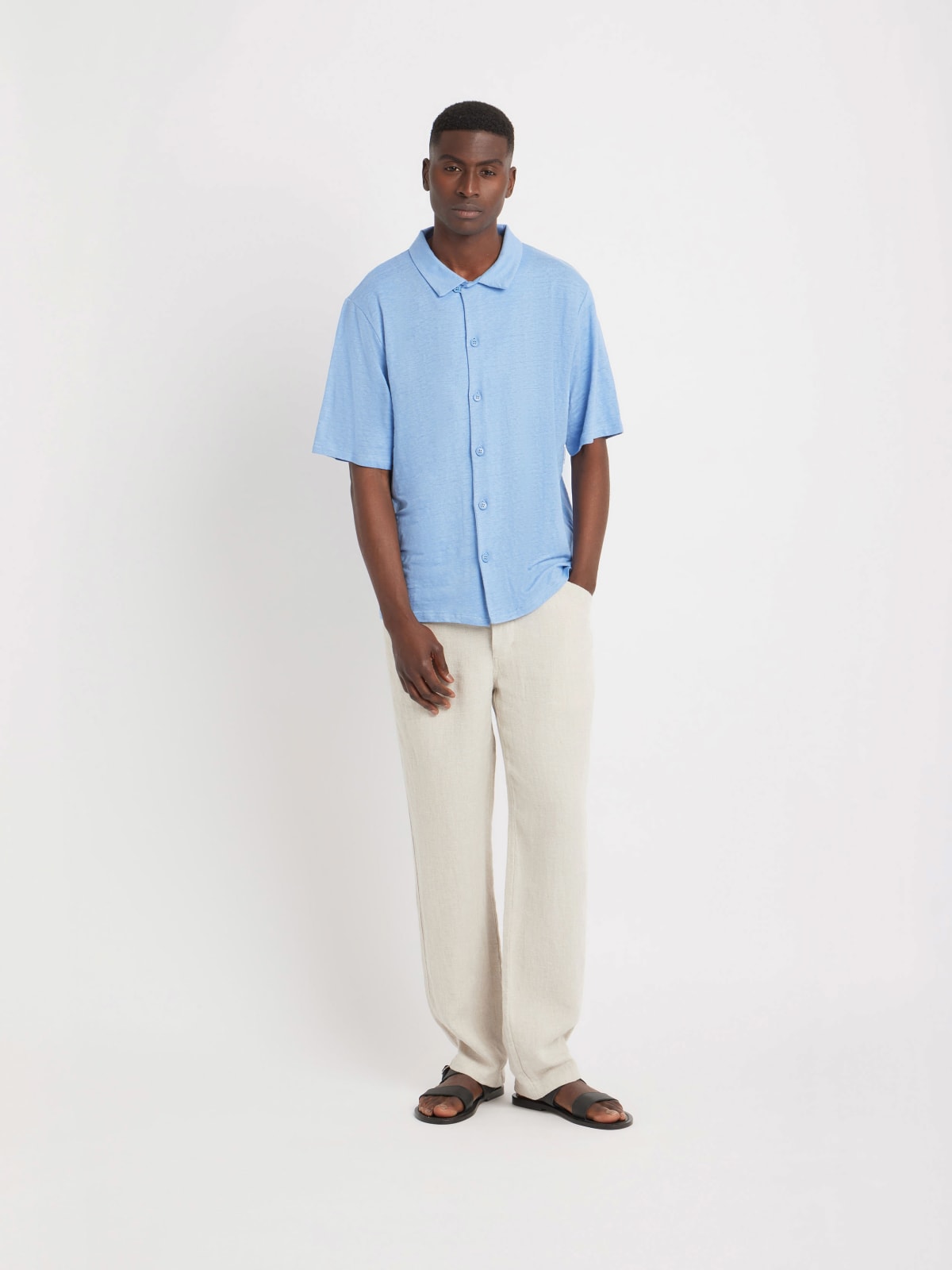 blue linen jersey short sleeve Maui shirt