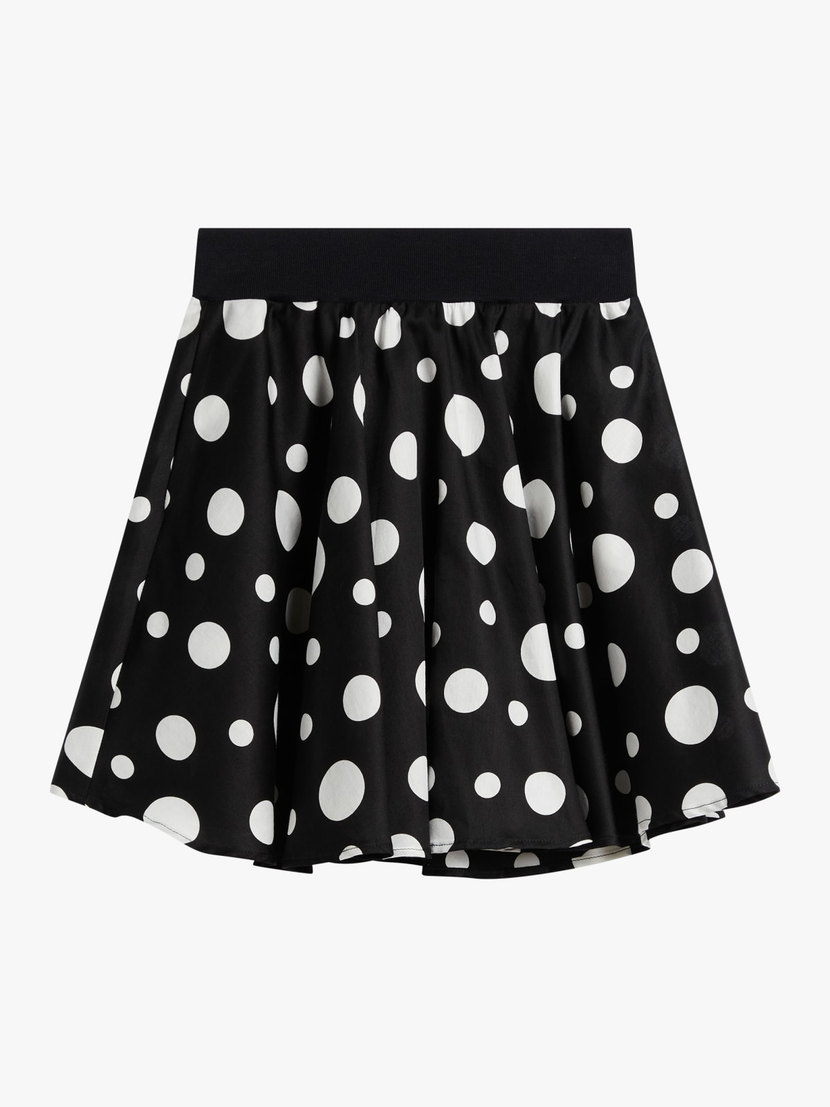 black cotton satin skirt with polka dots