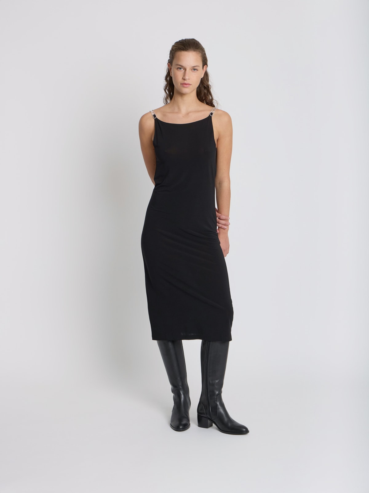 black crepe jersey Elko Strass dress with rhinestone straps