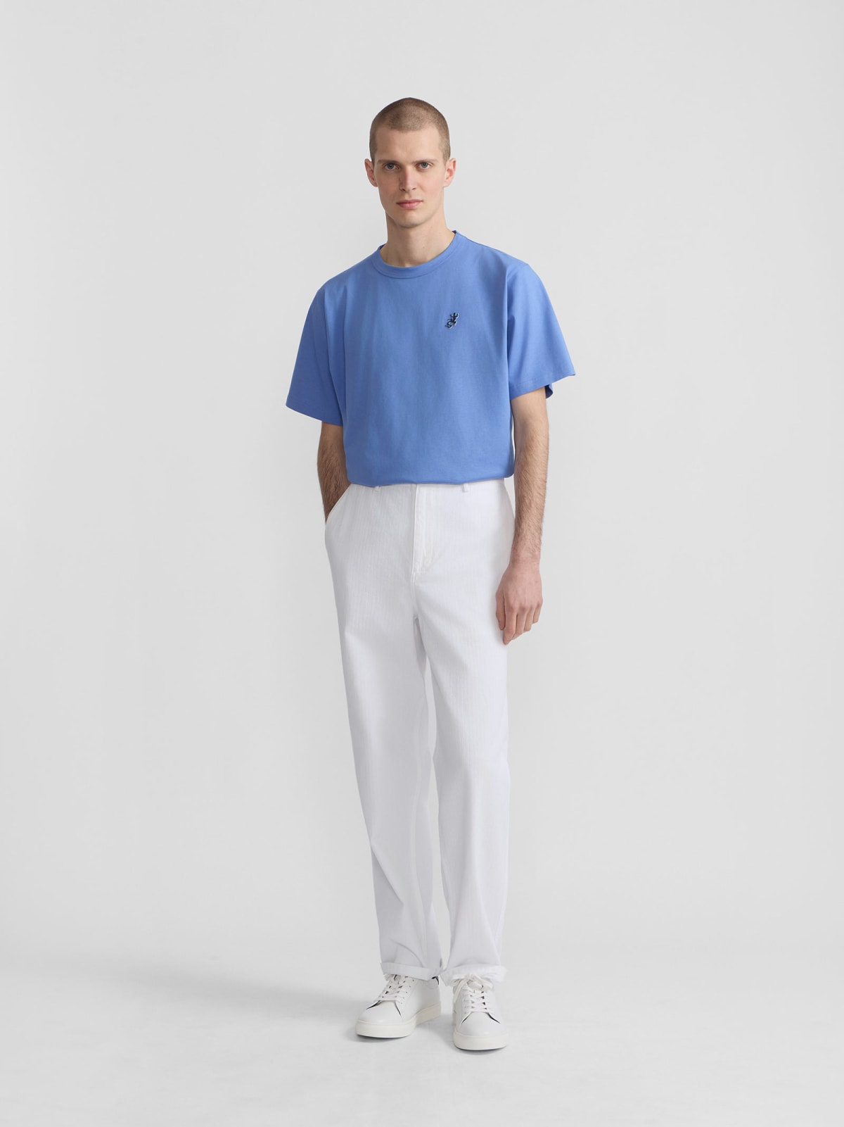 white herringbone cotton trousers